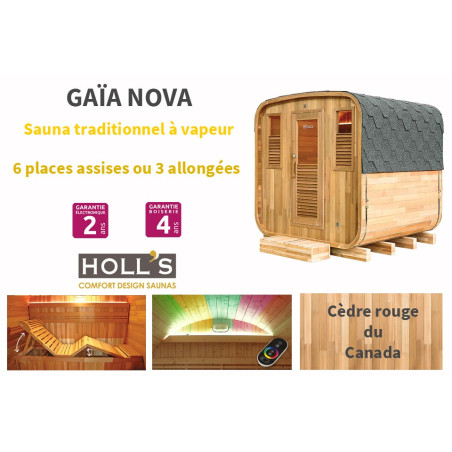 Sauna extérieur Gaïa NOVA en cèdre rouge avec terrasse (6 places)