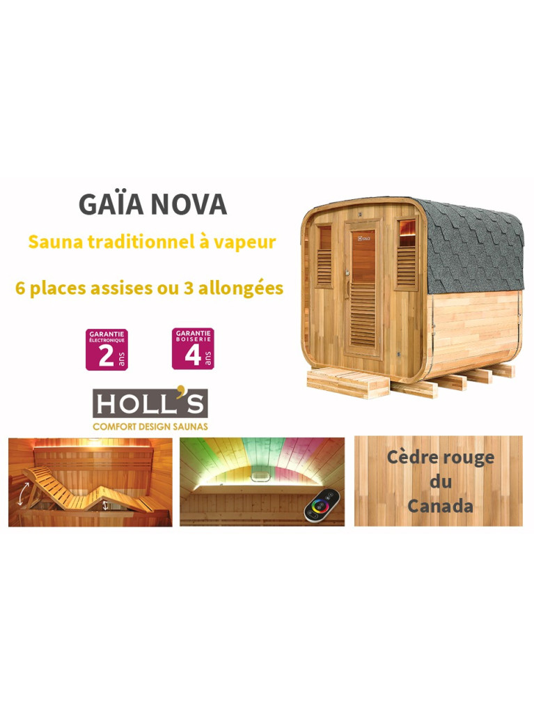 Sauna extérieur Gaïa NOVA en cèdre rouge avec terrasse (6 places)